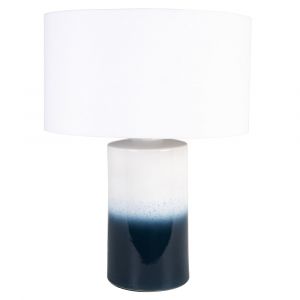 Lampe en c&eacute;ramique bleue et blanc et abat-jour blanc cass&eacute;