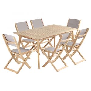 Ensemble table et 6 chaises 160/220cm bois d'acacia et textil&egrave;ne