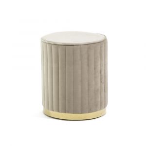 Pouf velours capitonn&eacute; base chrom&eacute;e beige/or
