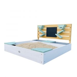 Bac &agrave; sable avec paroi de jeu, bois FSC , blanc & bleu, 105x100x58 cm