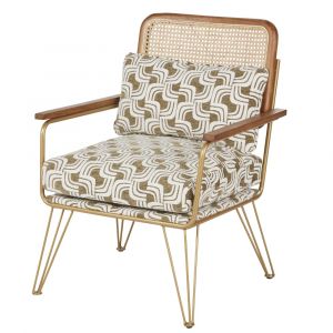 Fauteuil motif jacquard beige et kaki, cannage en rotin et pieds en acier doré
