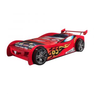 Lit voiture rouge effet bois 90x200