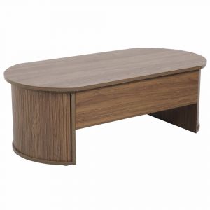 Table basse ovale avec plateau relevable effet bois fonc&eacute;