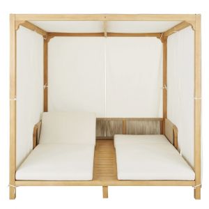 Double bain de soleil &agrave; baldaquin professionnel en bois d'eucalyptus et textile &eacute;cru