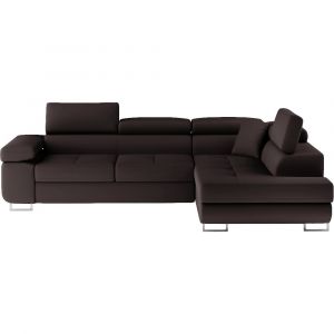 Canap&eacute; d'angle droit convertible simili cuir 5 places, chocolat
