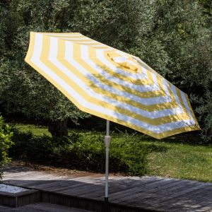 Parasol droit rond 2,70m en aluminium et toile &agrave; rayures jaunes