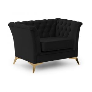 Fauteuil Chesterfield en velours noir avec pieds dor&eacute;s