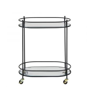 Desserte &agrave; roulettes en m&eacute;tal noir et verre transparent