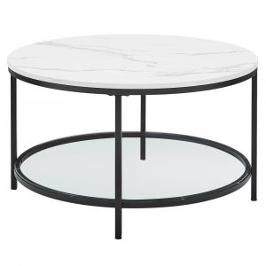 Table basse effet bois verre tremp&eacute; acier blanc marbr&eacute; et noir
