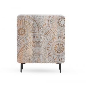 Buffet haut 2 portes gris patin&eacute; blanc en bois massif de manguier