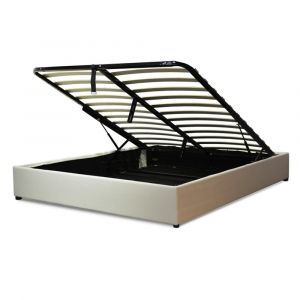 Lit coffre simili cuir blanc avec cadre &agrave; lattes 140x190 cm
