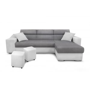 Canapé d'angle gauche microfibre/simili avec poufs - Blanc/Gris