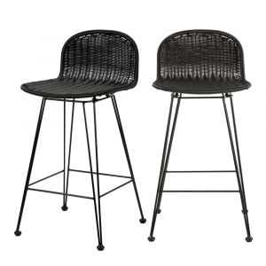 Lot de 2 chaises de bar mi-hauteur 63 cm en r&eacute;sine tress&eacute;e noire