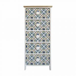 Chiffonnier avec motifs 5 tiroirs en bois blanc et gris