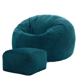 Pouf avec repose-pied carr&eacute; velours c&ocirc;tel&eacute; bleu canard