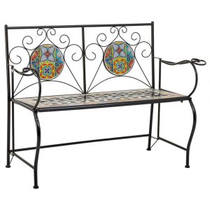 Banc en mosa&iuml;que et fer forg&eacute; noir 110x50x88h