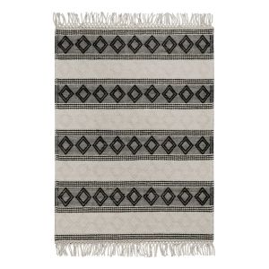 Tapis kilim ethnique tissé à franges et relief noir et blanc 80x150