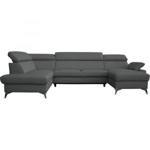 Canap&eacute; d'angle gauche convertible cuir gris fonc&eacute; 7 places
