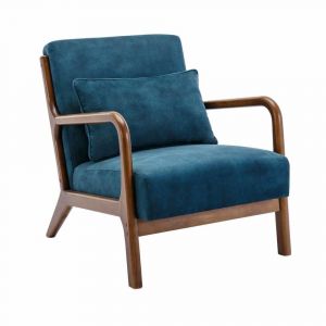 Fauteuil velours bleu p&eacute;trole, h&eacute;v&eacute;a teint&eacute;