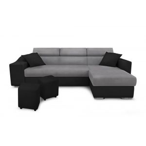 Canap&eacute; d'Angle Convertible en Microfibre/Simili avec poufs - Gris/Noir