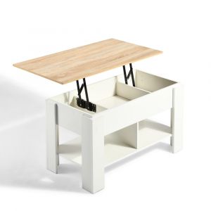 Table basse avec plateau relevable effet bois et blanc