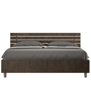 Lit coffre 160x190 t&ecirc;te de lit inclin&eacute;e effet bois noyer