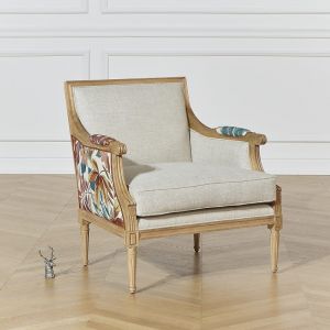 Fauteuil berg&egrave;re en bois massif et tissu fleuri tropical