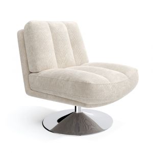 Fauteuil de salon pivotant pied chrome velours c&ocirc;tel&eacute; &eacute;cru