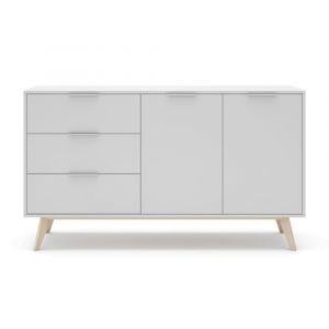 Buffet 2 portes, 3 tiroirs blanc et pin massif - L140 cm