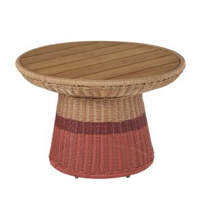 Table basse de jardin ronde en bois de teck et r&eacute;sine tress&eacute;e corail et terracotta D70