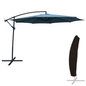 Parasol d&eacute;port&eacute; rond 3,50m en acier toile bleu gris avec housse