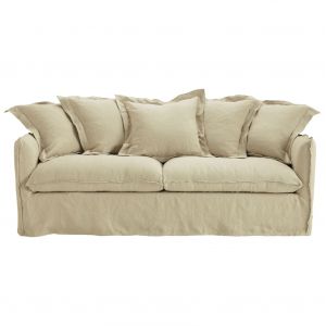 Canap&eacute; 3/4 places en lin lav&eacute; coloris ficelle