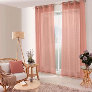 Voilage uni ajour&eacute; &agrave; &oelig;illets polyester rose clair 140x240 cm