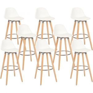 Lot 8 tabourets de bar blanc pieds bois de h&ecirc;tre 39,5 x 44 x 91 cm