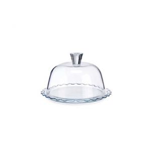 Plat pr&eacute;sentoir en verre transparent avec cloche D26,4cm