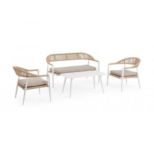 Salon avec 1 canap&eacute;, 2 fauteuils, 1 table basse en aluminium blanc
