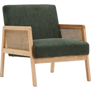 Fauteuil en cannage et velours c&ocirc;tel&eacute; vert