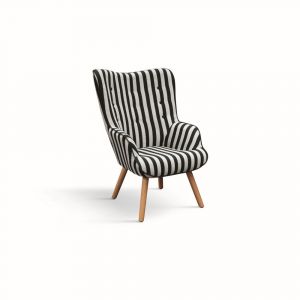 Fauteuil en tissu ray&eacute; noir et blanc avec pieds en bois