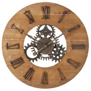 Horloge murale à rouages en sapin et métal noir D89