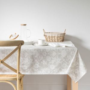 Nappe enduite en coton imprim&eacute; fleuri beige et &eacute;cru 150x250