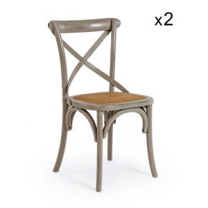 Set de 2 chaises en orme gris fonc&eacute; et rotin naturel