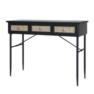 Table de bureau secr&eacute;taire en rotin et fer noir antique 110 x 42 x80cm