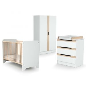 Chambre b&eacute;b&eacute; lit, commode &agrave; langer et armoire Blanc et H&ecirc;tre Verni