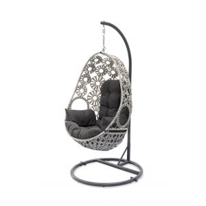 Fauteuil &oelig;uf suspendu en r&eacute;sine &eacute;crue avec coussin gris anthracite