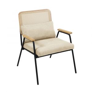Fauteuil relax en acier, rotin synth&eacute;tique et tissu &eacute;cru