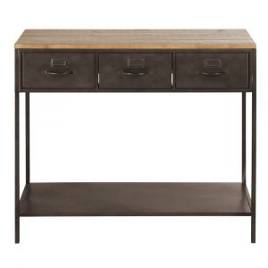 Console 3 tiroirs en bois de sapin massif et acier patin&eacute; et vieilli