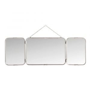 Miroir de barbier mural triptyque en m&eacute;tal finition argent - L114 cm