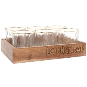 Verres (x6) en verre taillé avec liseré doré et plateau en manguier