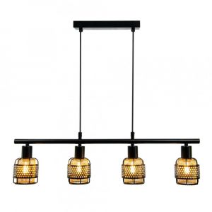 Suspension 4 lumi&egrave;res en m&eacute;tal grillag&eacute; noir et cuivr&eacute;