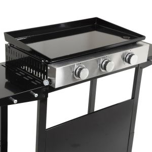 Plancha au gaz 3 br&ucirc;leurs plaque en fonte noire sur chariot